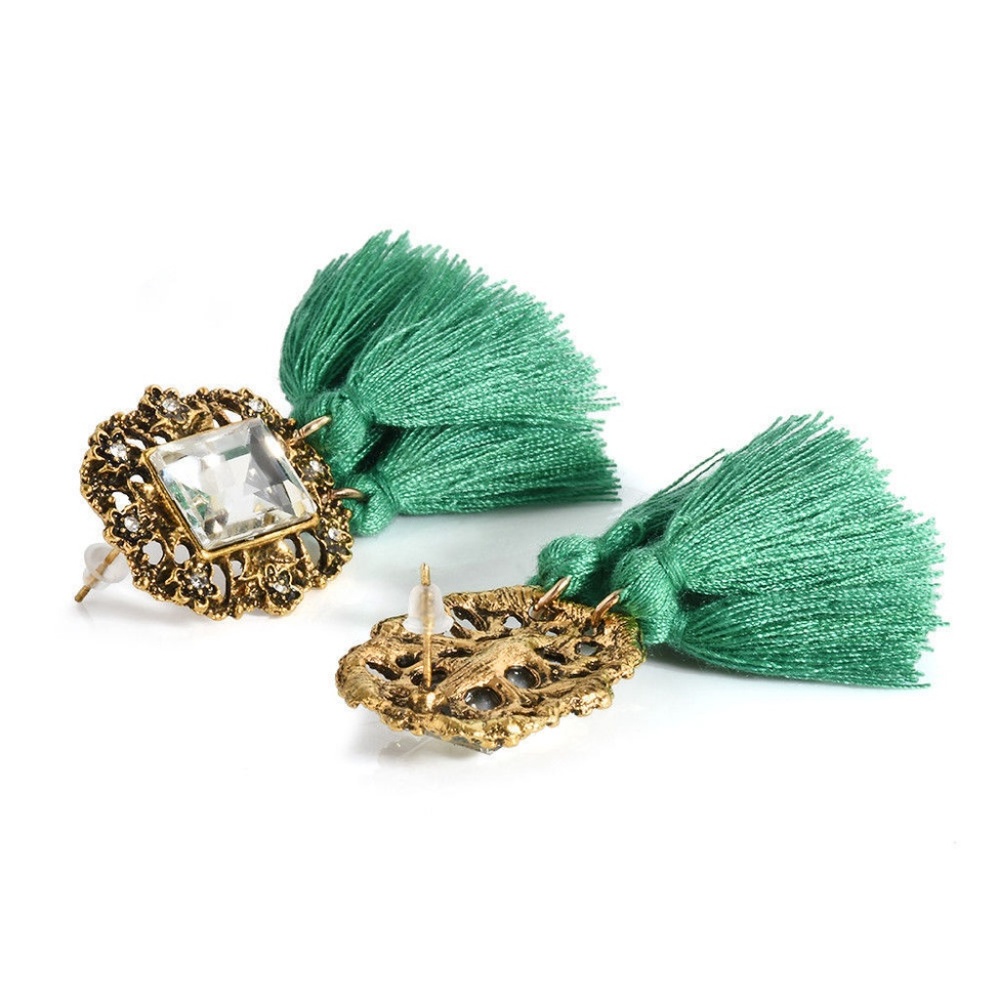 ☘️Green☘️ Boho Fringe Tassel & Crystal Earrings - Picture 3 of 3